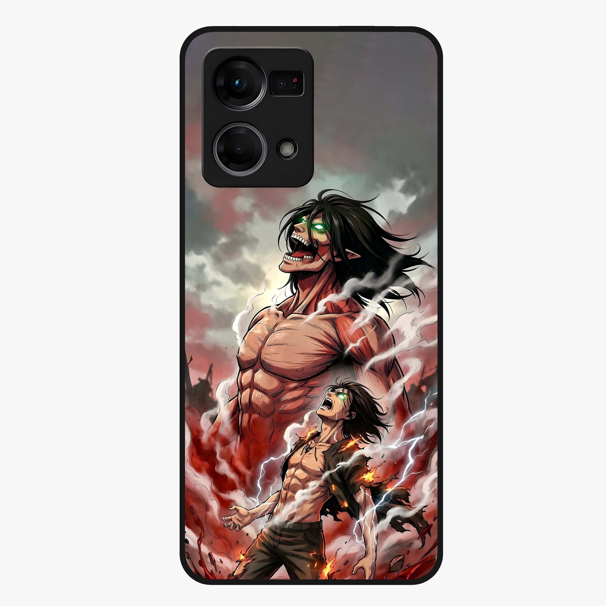 Titan Awakening Fury Glass Case showing flat back view with powerful titan inspired artwork and glossy glass finish.