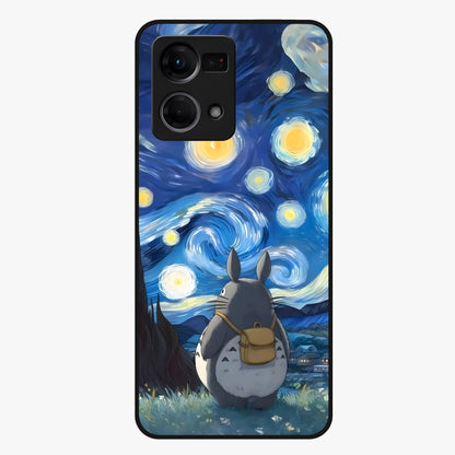 Totoro In Van Gogh Art Glass Case showing flat back view with whimsical character artwork inspired by Van Gogh style and glossy glass finish.