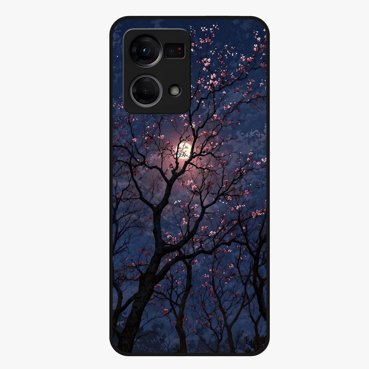 Twilight Sakura Serenade Glass Case showing flat back view with cherry blossom artwork at twilight and glossy glass finish.