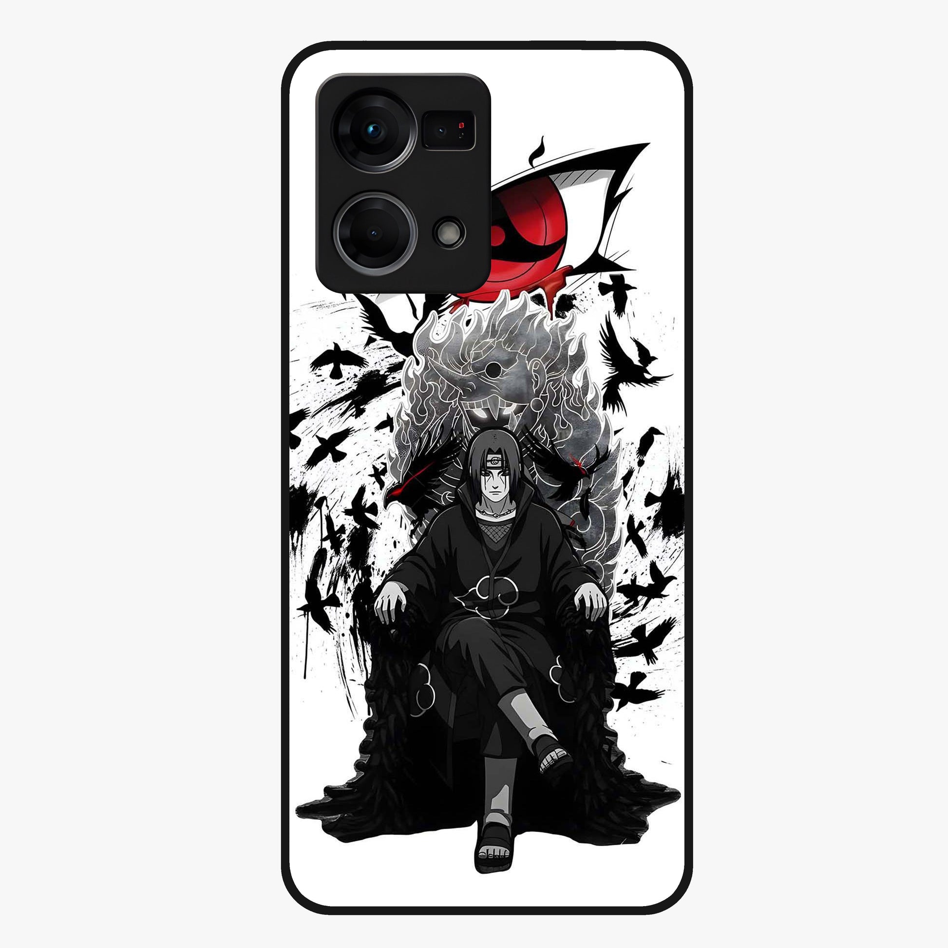 Uchiha Shadow Throne Glass Case showing flat back view with cosmic underwater themed artwork and glossy glass finish.