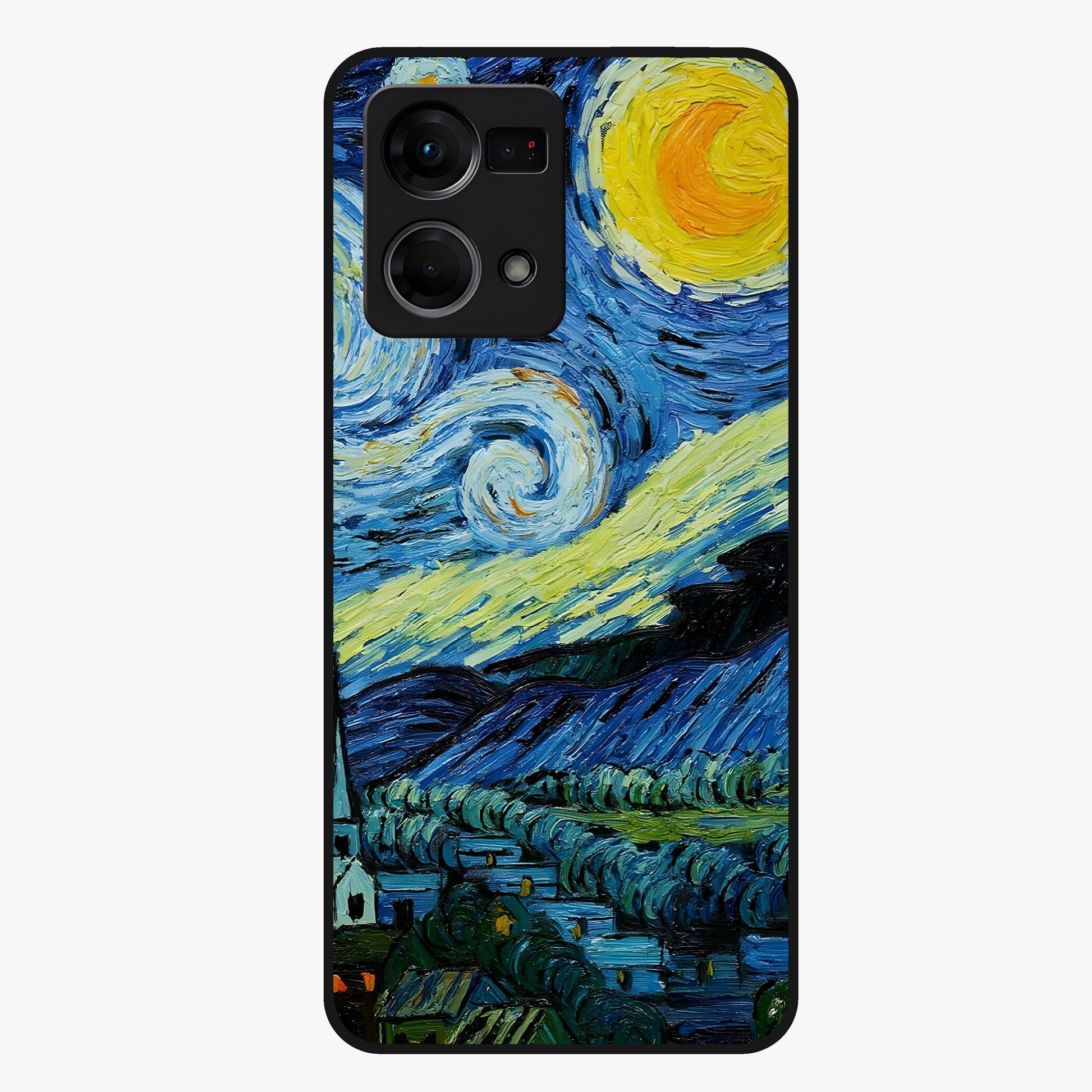 Van Gogh Art Glass Case showing flat back view with classic painterly artwork inspired by Van Gogh style and glossy glass finish.