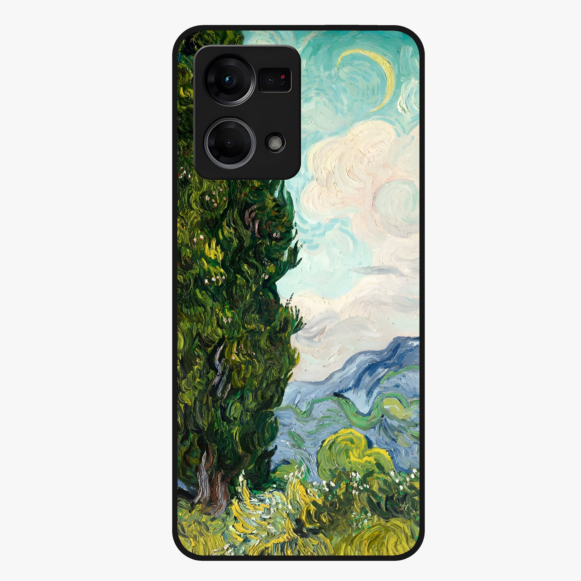 Van Gogh Vintage Art Glass Case showing flat back view with vintage painterly artwork inspired by Van Gogh style and glossy glass finish.