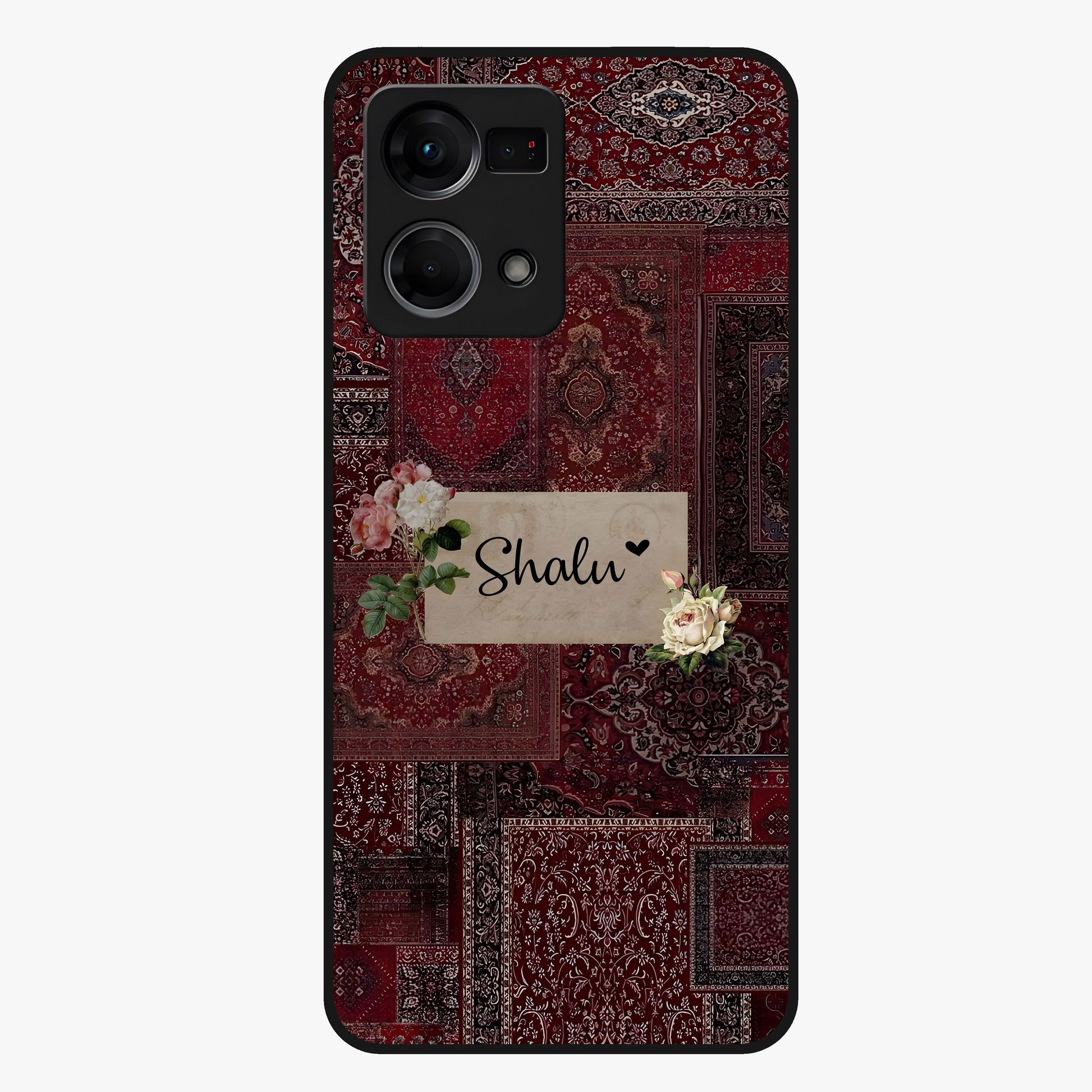 Velvet Wine Pattern Custom Name Glass Case showing flat back view with elegant wine colored pattern artwork and personalized name design.