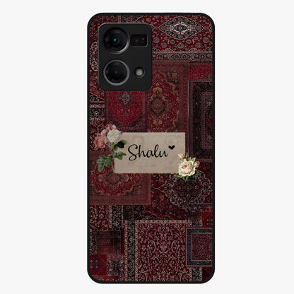 Velvet Wine Pattern Custom Name Glass Case showing flat back view with elegant wine colored pattern artwork and personalized name design.