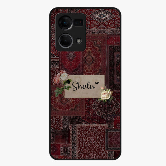 Velvet Wine Pattern Custom Name Glass Case showing flat back view with elegant wine colored pattern artwork and personalized name design.