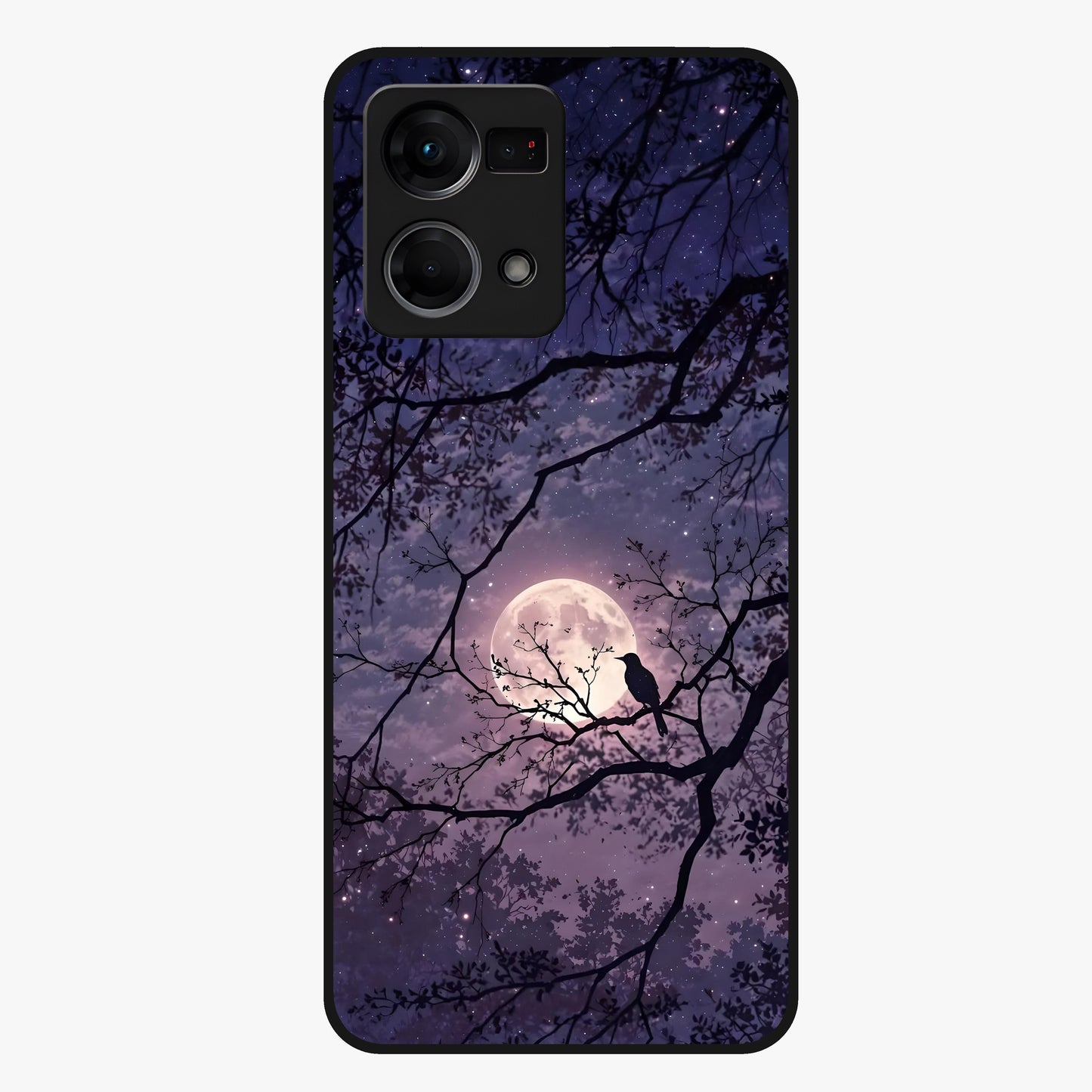Whispering Moon Silence Glass Case showing flat back view with serene moon themed artwork and glossy glass finish.