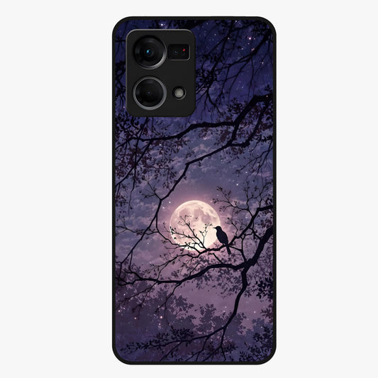 Whispering Moon Silence Glass Case showing flat back view with serene moon themed artwork and glossy glass finish.