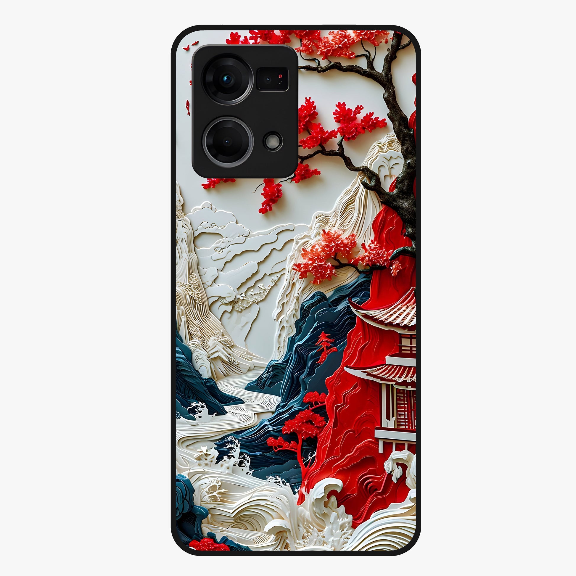 Whispers Of Sakura Waves Glass Case showing flat back view with cherry blossom wave artwork and glossy glass finish.