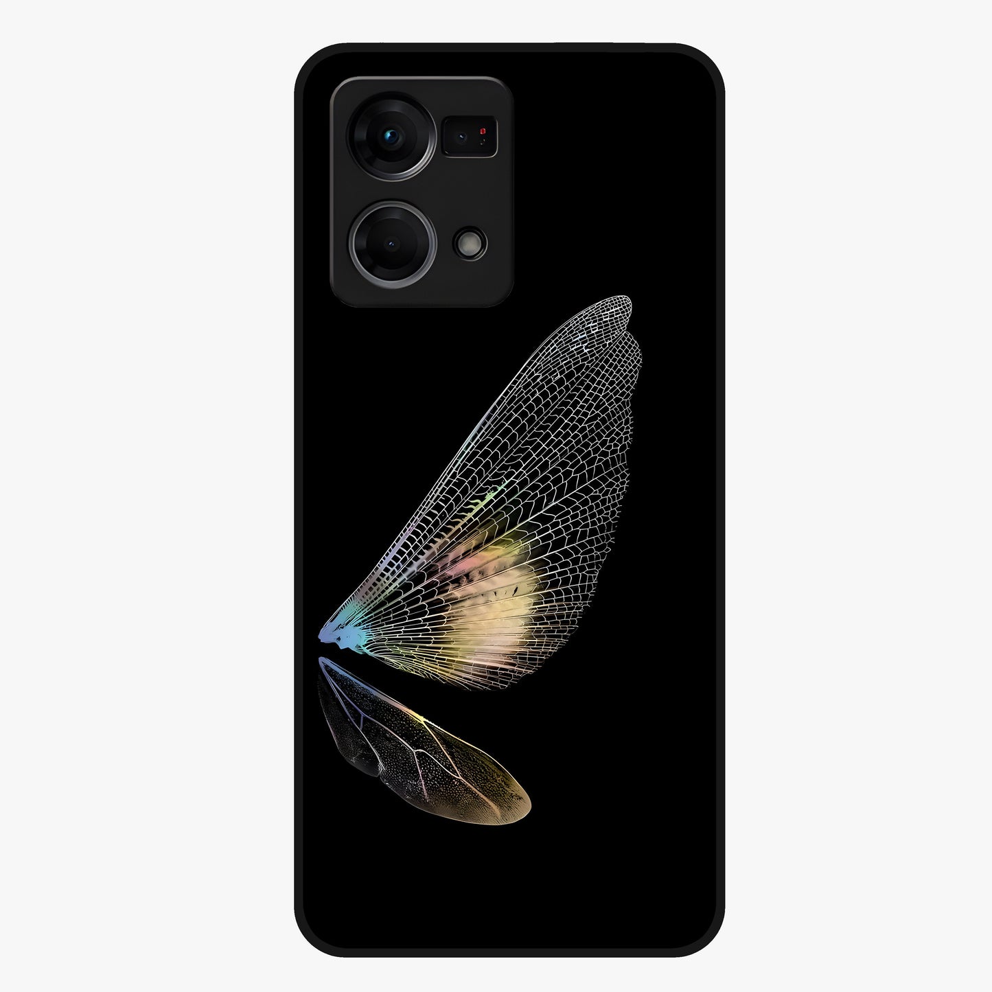 Whispers Of Wings Glass Case showing flat back view with graceful wing inspired artwork and glossy glass finish.
