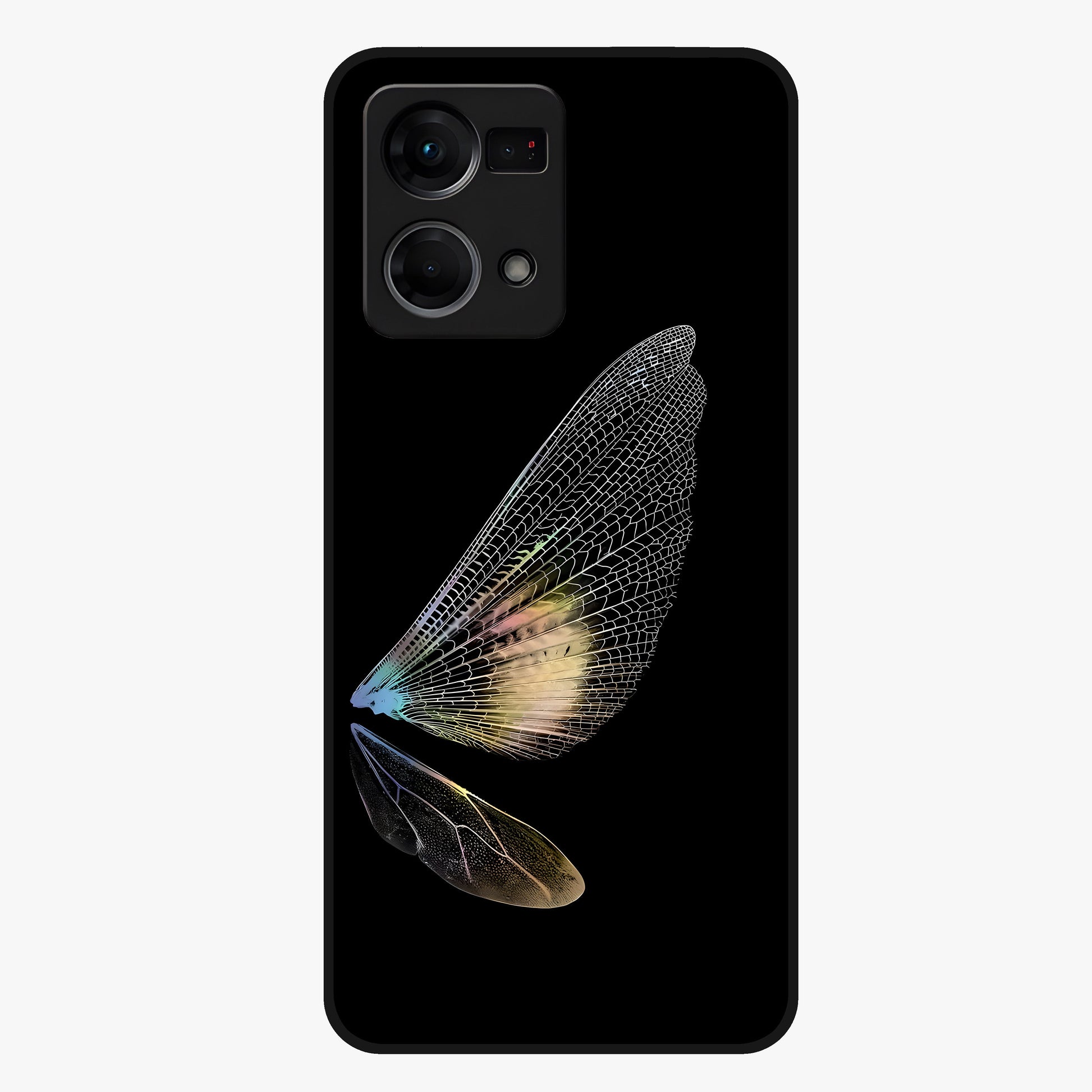 Whispers Of Wings Glass Case showing flat back view with graceful wing inspired artwork and glossy glass finish.