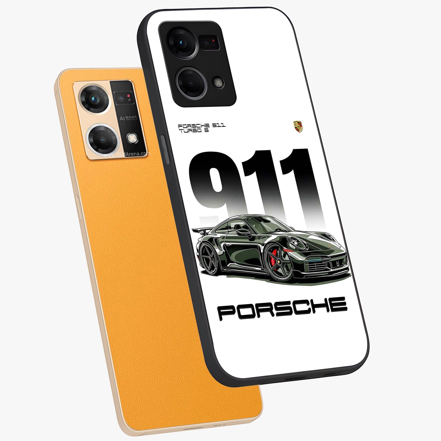 911 Turbo Dominance Glass Case displayed in premium angled mockup highlighting sporty car illustration and sleek glass surface.
