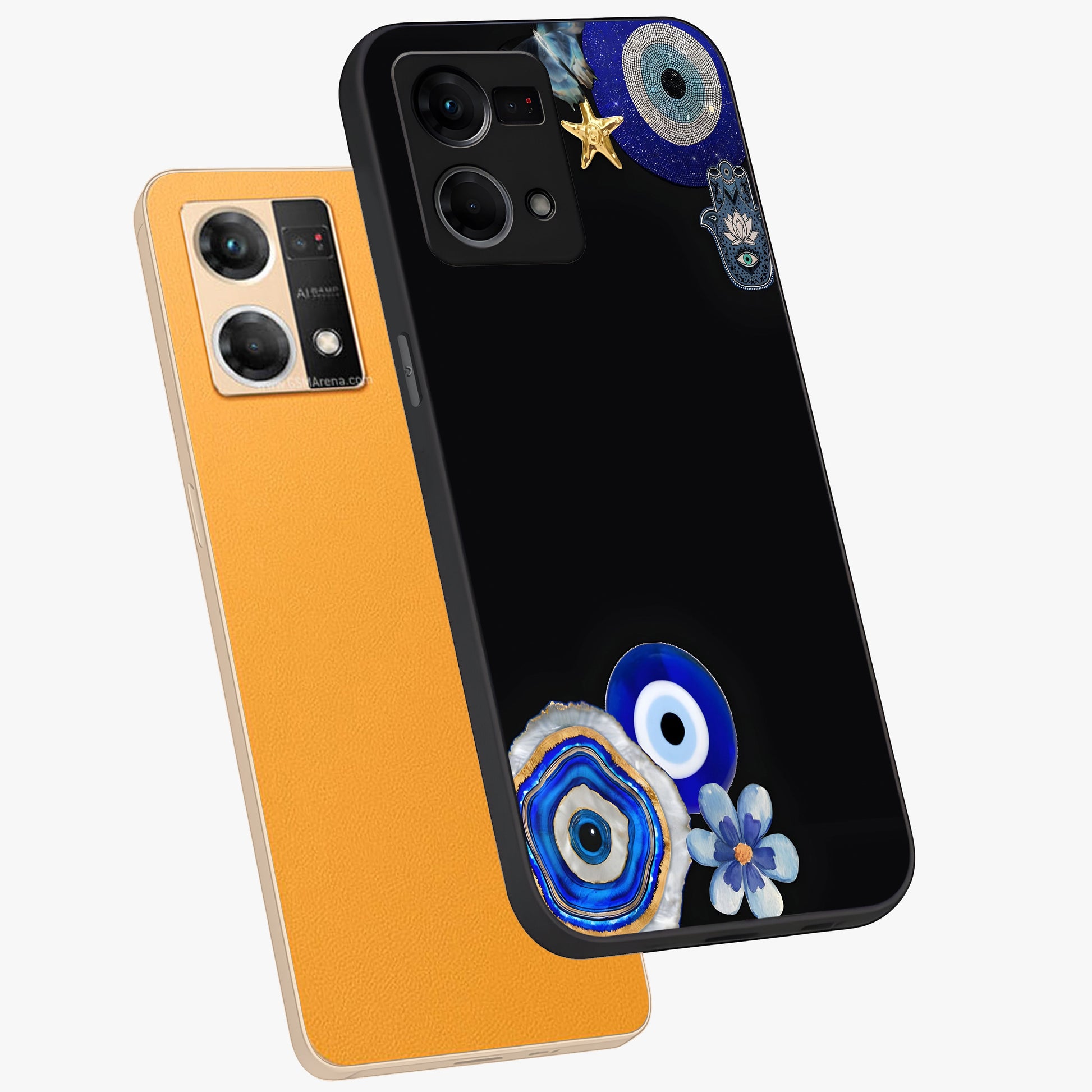 Aesthetic Blue Evil Eye Glass Case displayed in angled mockup highlighting blue evil eye symbol and spiritual aesthetic design.