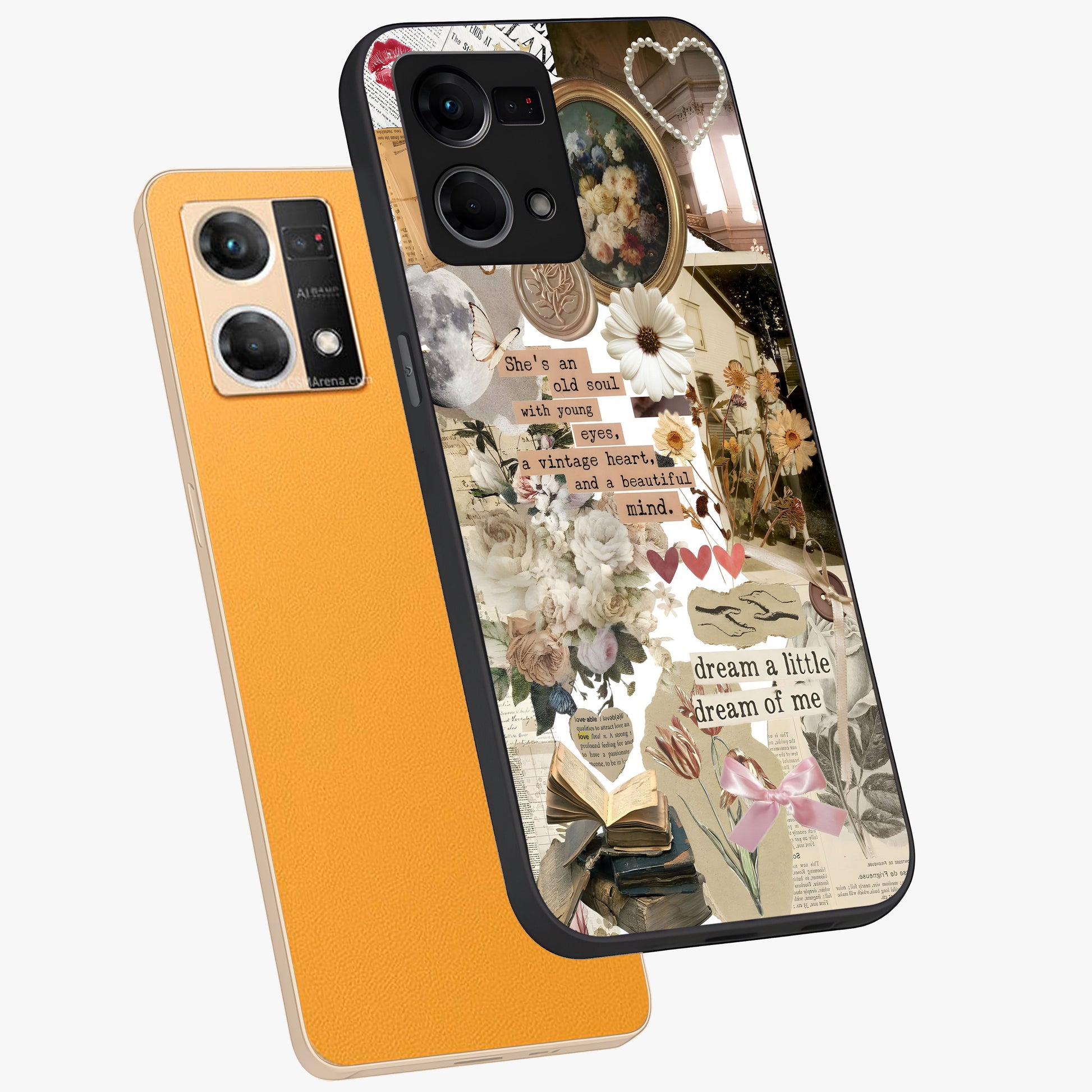 Aesthetic Brown Vintage Collage Glass Case displayed in angled mockup highlighting vintage aesthetic collage design.