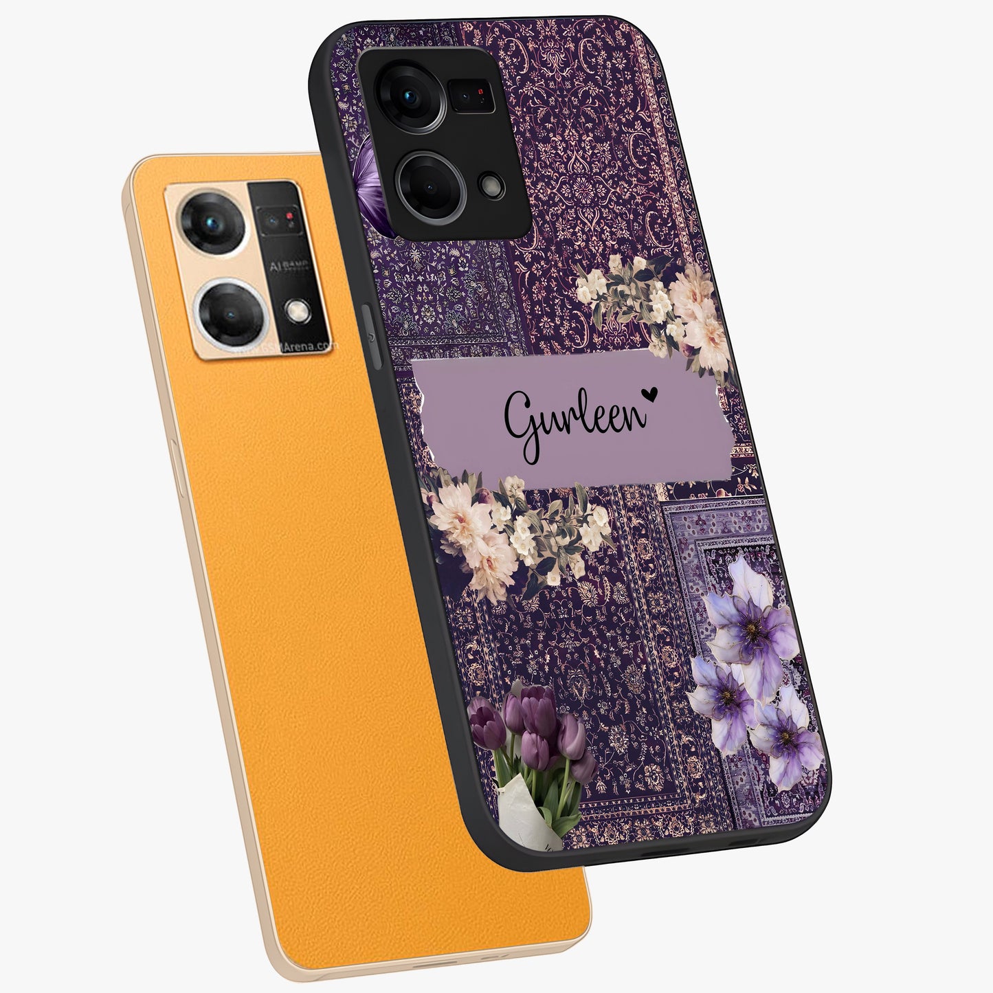 Antique Floral Whisper Custom Name Glass Case displayed in angled mockup highlighting elegant antique floral aesthetic.