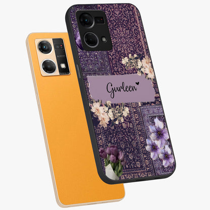 Antique Floral Whisper Custom Name Glass Case displayed in angled mockup highlighting elegant antique floral aesthetic.