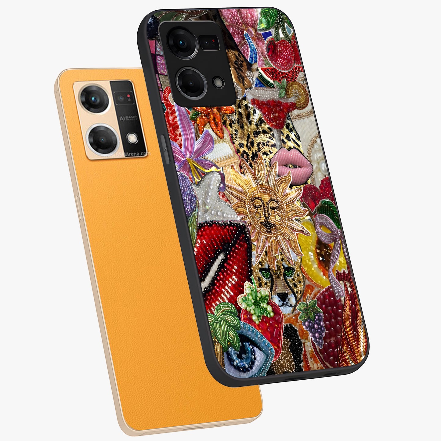 Beaded Fashion Jungle Glass Case displayed in angled mockup highlighting colorful fashion bead design and artistic pattern.