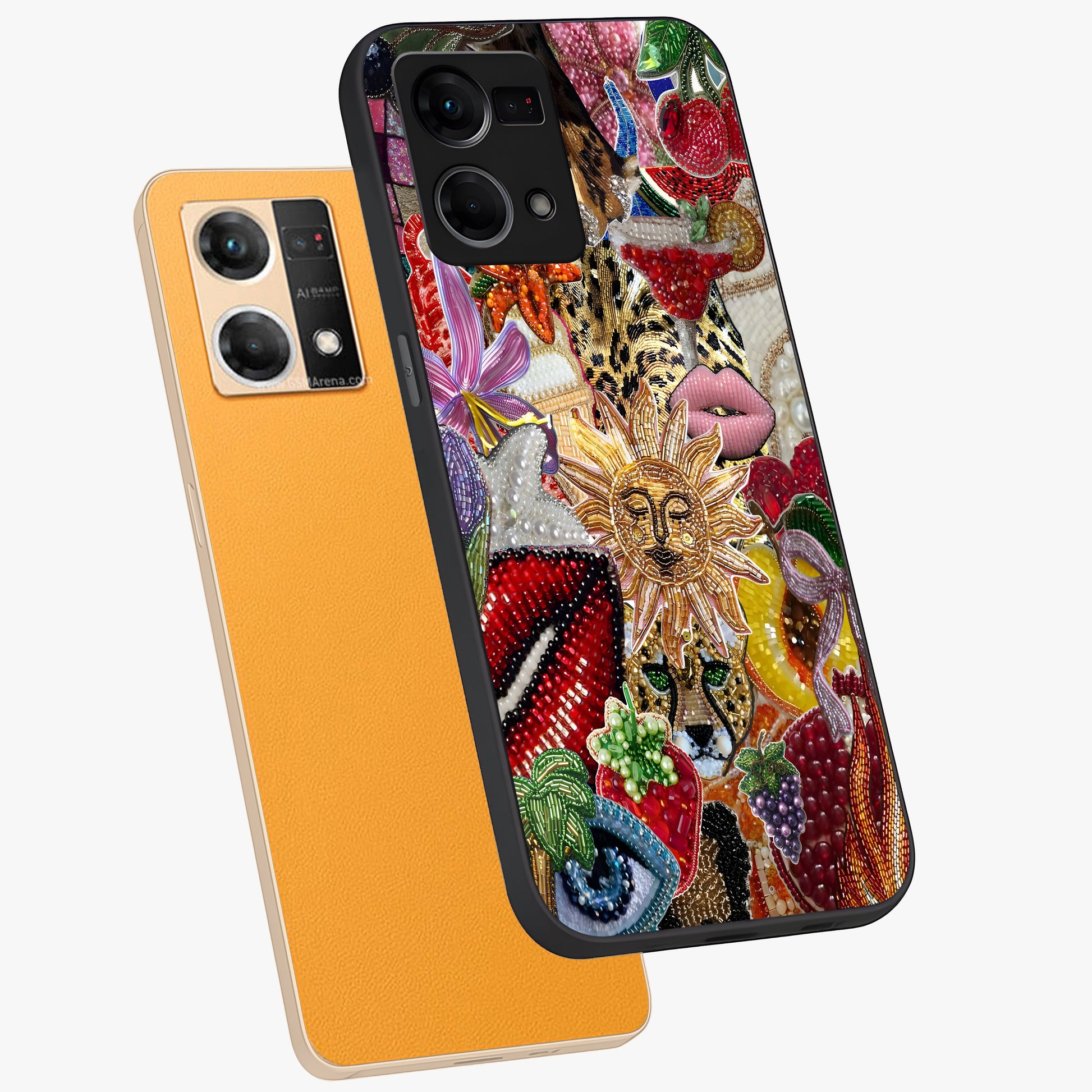 Beaded Fashion Jungle Glass Case displayed in angled mockup highlighting colorful fashion bead design and artistic pattern.