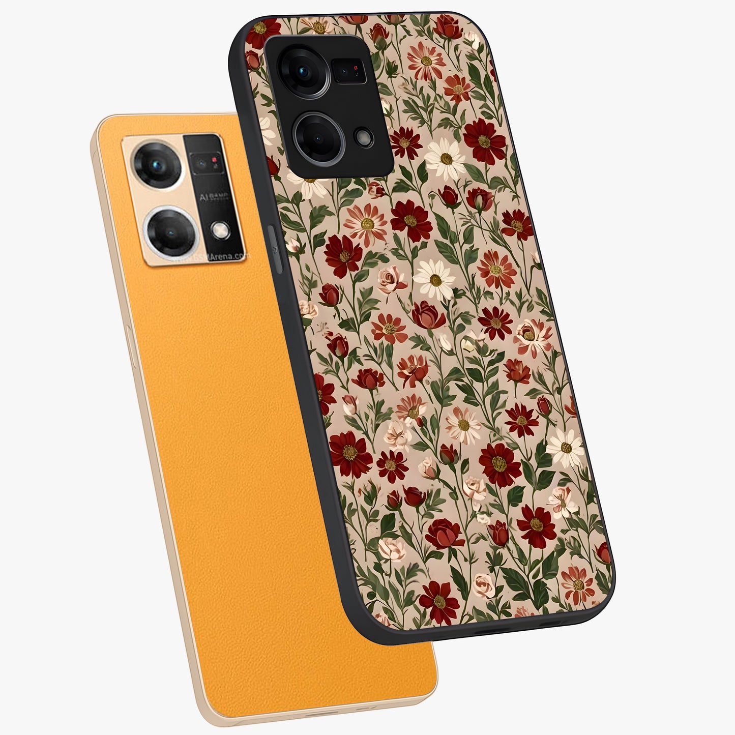 Biege Flower With Leaf Glass Case displayed in angled mockup highlighting minimal floral leaf design and elegant aesthetic.