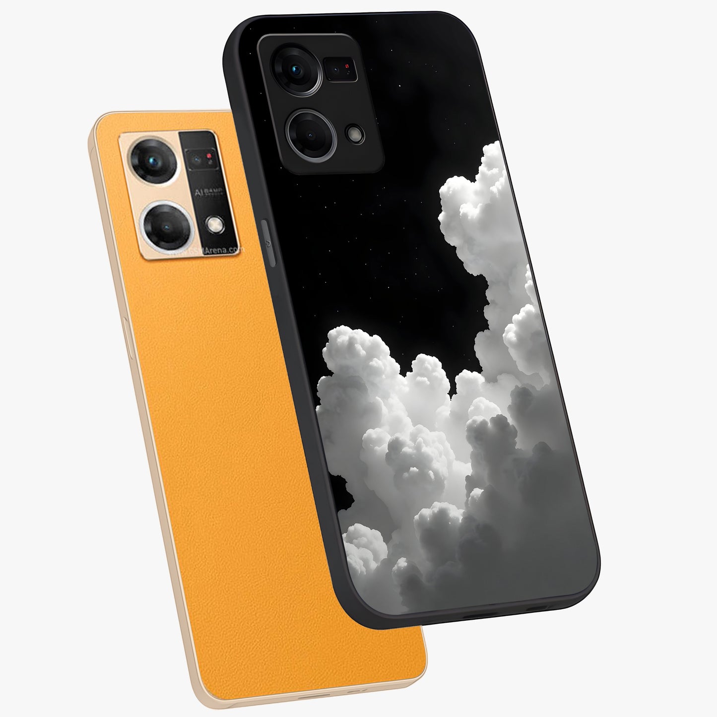 Black Background With White Cloud Glass Case displayed in angled mockup highlighting soft white cloud illustration and minimal design.