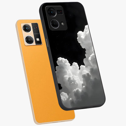 Black Background With White Cloud Glass Case displayed in angled mockup highlighting soft white cloud illustration and minimal design.