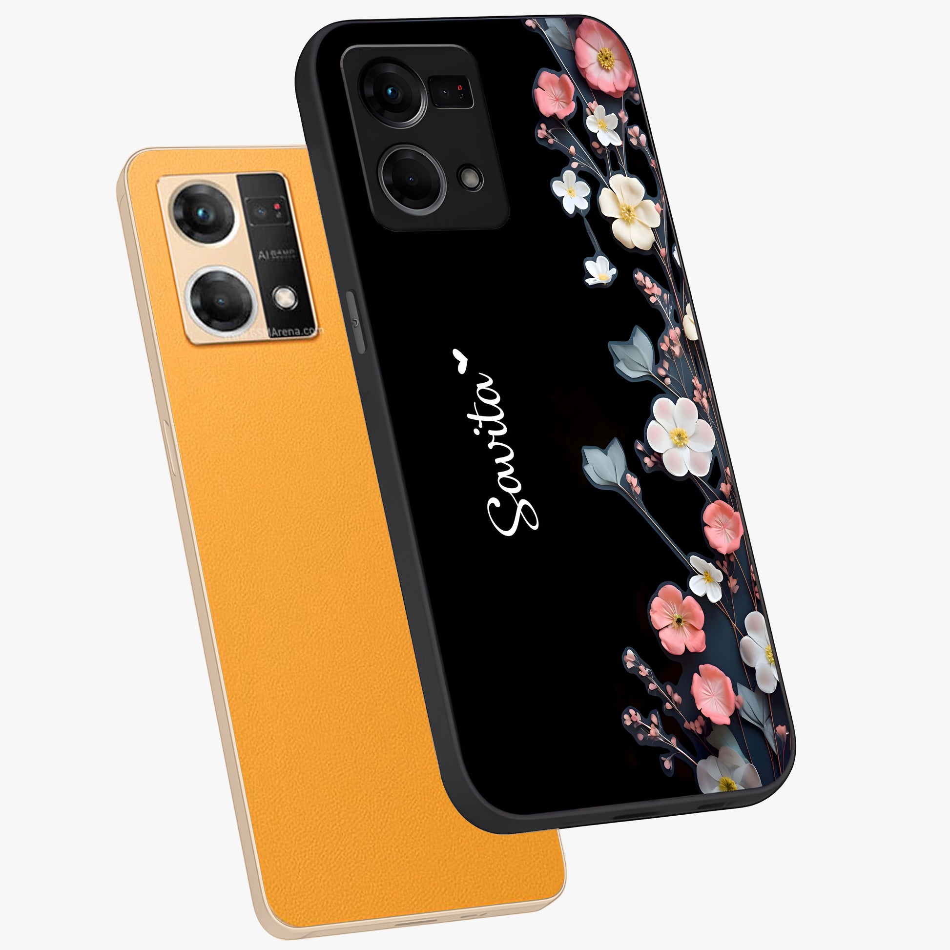 Black Elegance Floral Custom Name Glass Case displayed in angled mockup highlighting dark floral aesthetic and custom name feature.
