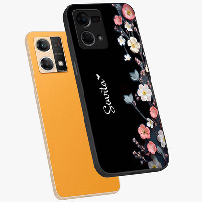Black Elegance Floral Custom Name Glass Case displayed in angled mockup highlighting dark floral aesthetic and custom name feature.
