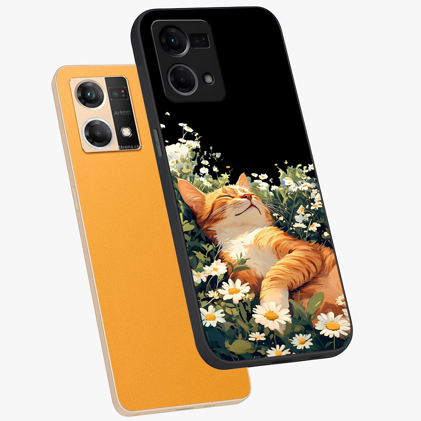 Blissful Bloom Cat Glass Case displayed in angled mockup highlighting playful feline illustration with soft floral aesthetic.