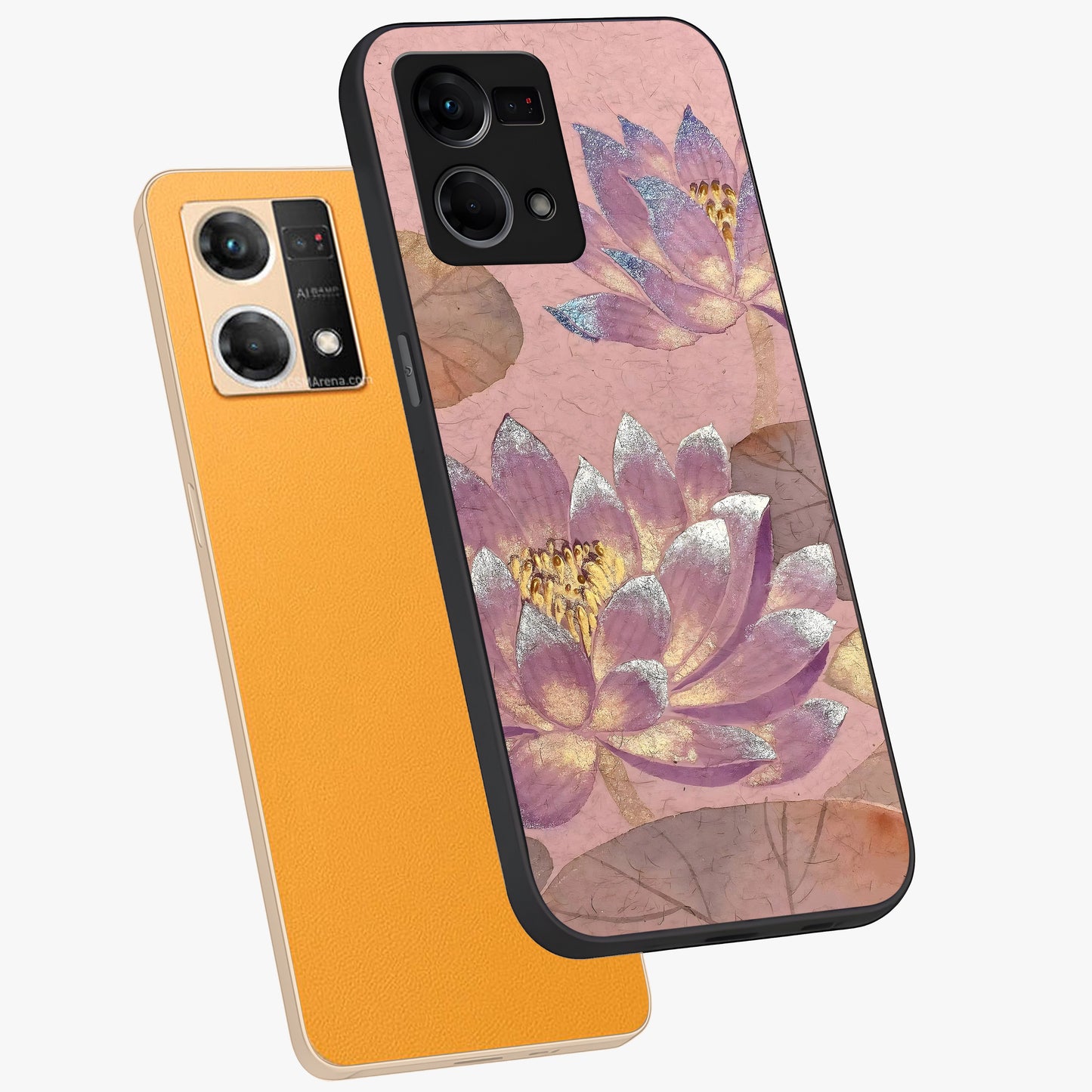 Blossom Mist Lotus Glass Case displayed in angled mockup highlighting delicate lotus illustration with calm aesthetic theme.