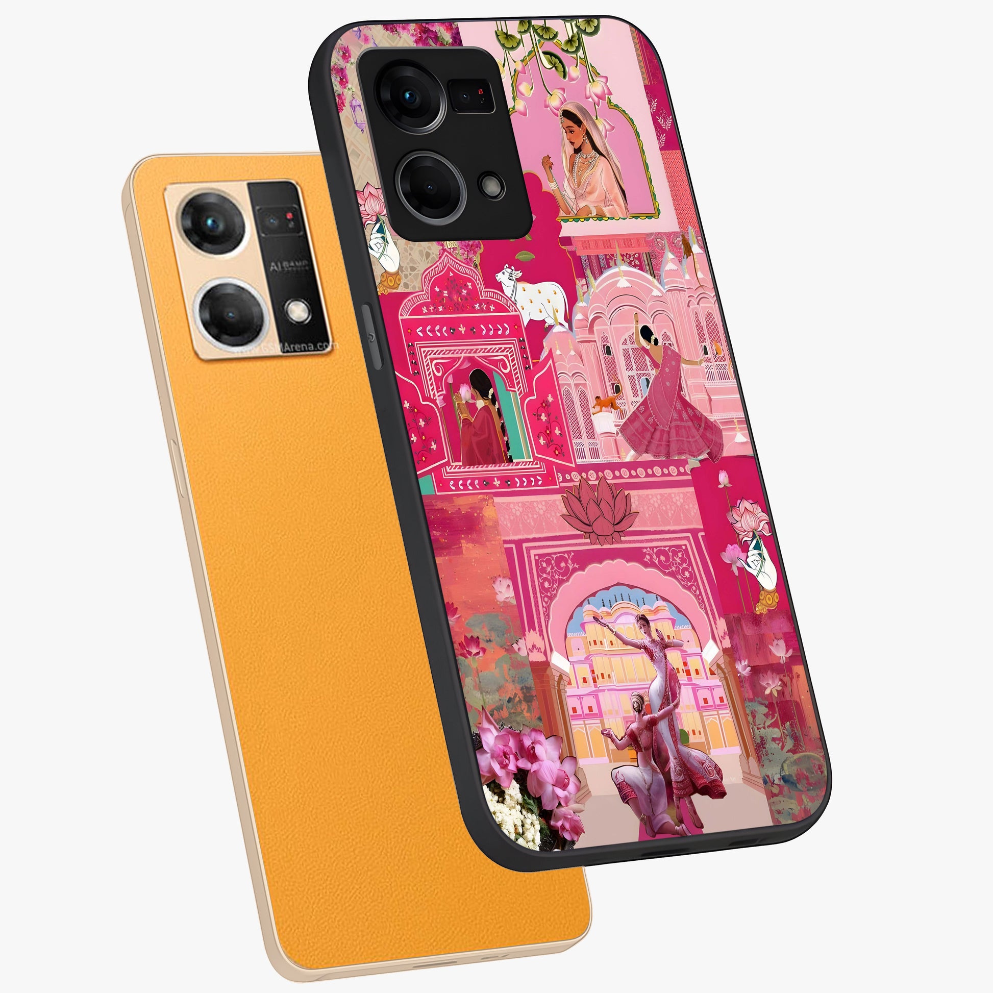 Blossoms of Rajasthan Glass Case displayed in angled mockup highlighting vibrant floral pattern with cultural aesthetic style.