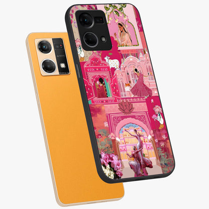 Blossoms of Rajasthan Glass Case displayed in angled mockup highlighting vibrant floral pattern with cultural aesthetic style.