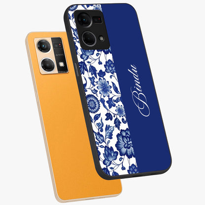 Blue Vintage Floral Pattern Glass Case displayed in angled mockup highlighting subtle bloom pattern with aesthetic pastel design.