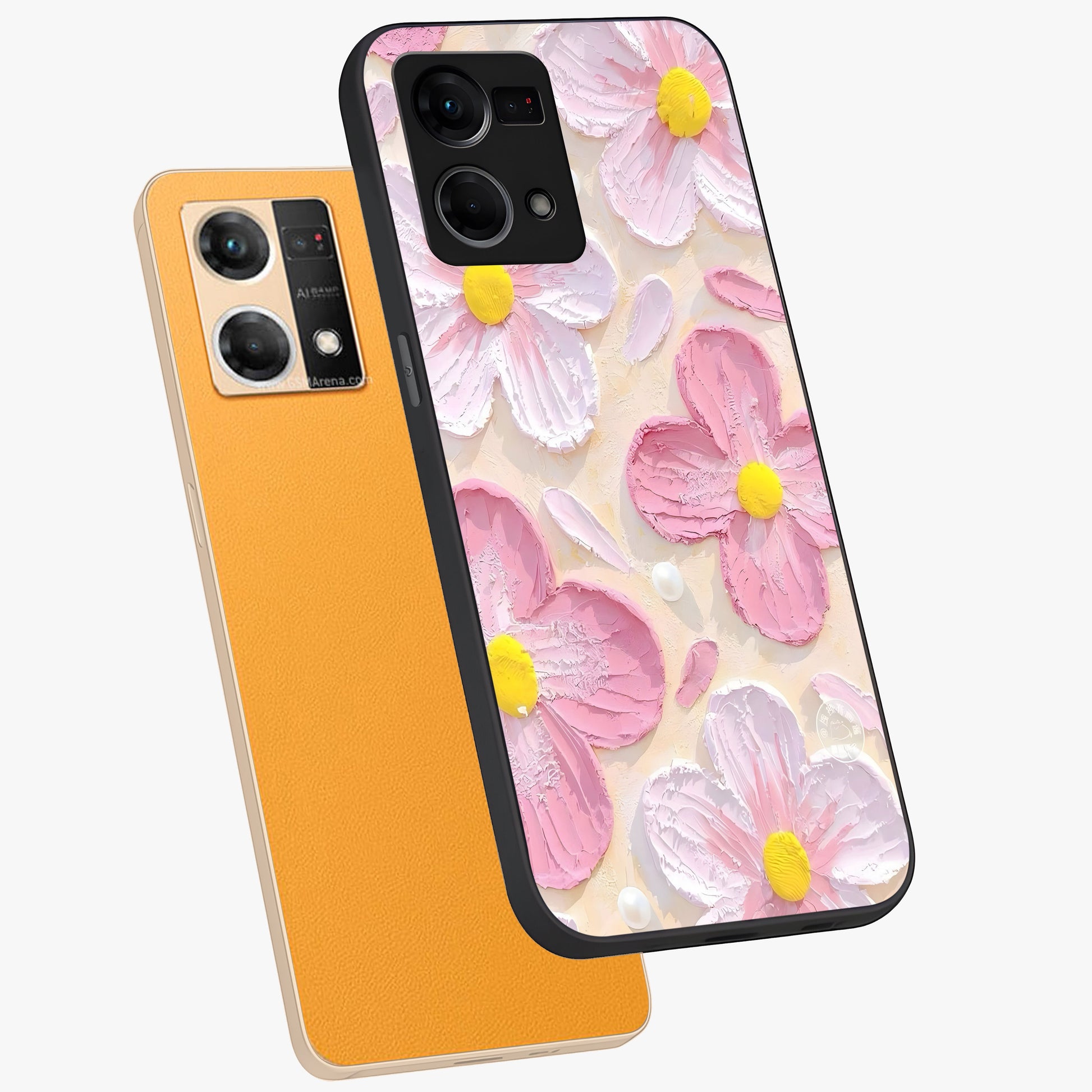 Blush Bloom Texture Glass Case displayed in angled mockup highlighting subtle bloom pattern with aesthetic pastel design.