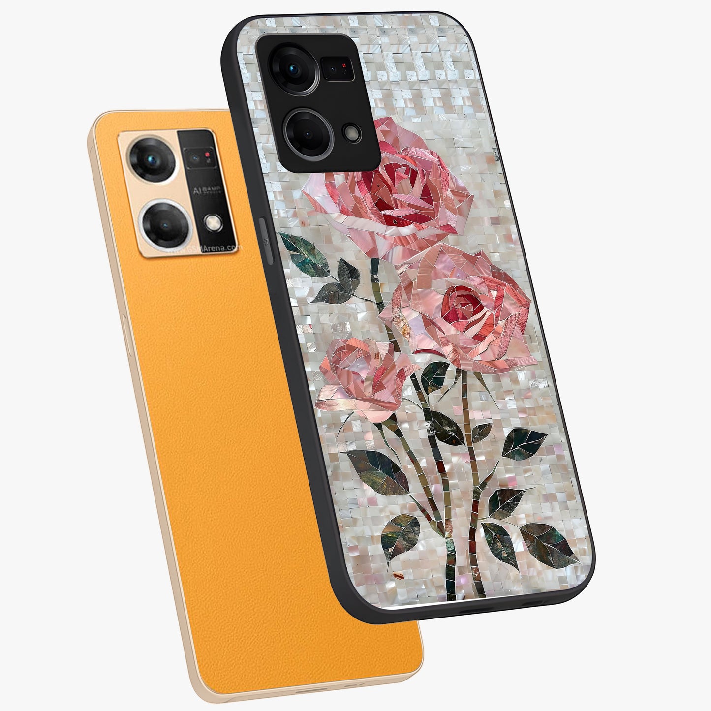 Blush Mosaic Bloom Glass Case displayed in angled mockup highlighting artistic mosaic flower pattern with aesthetic design.