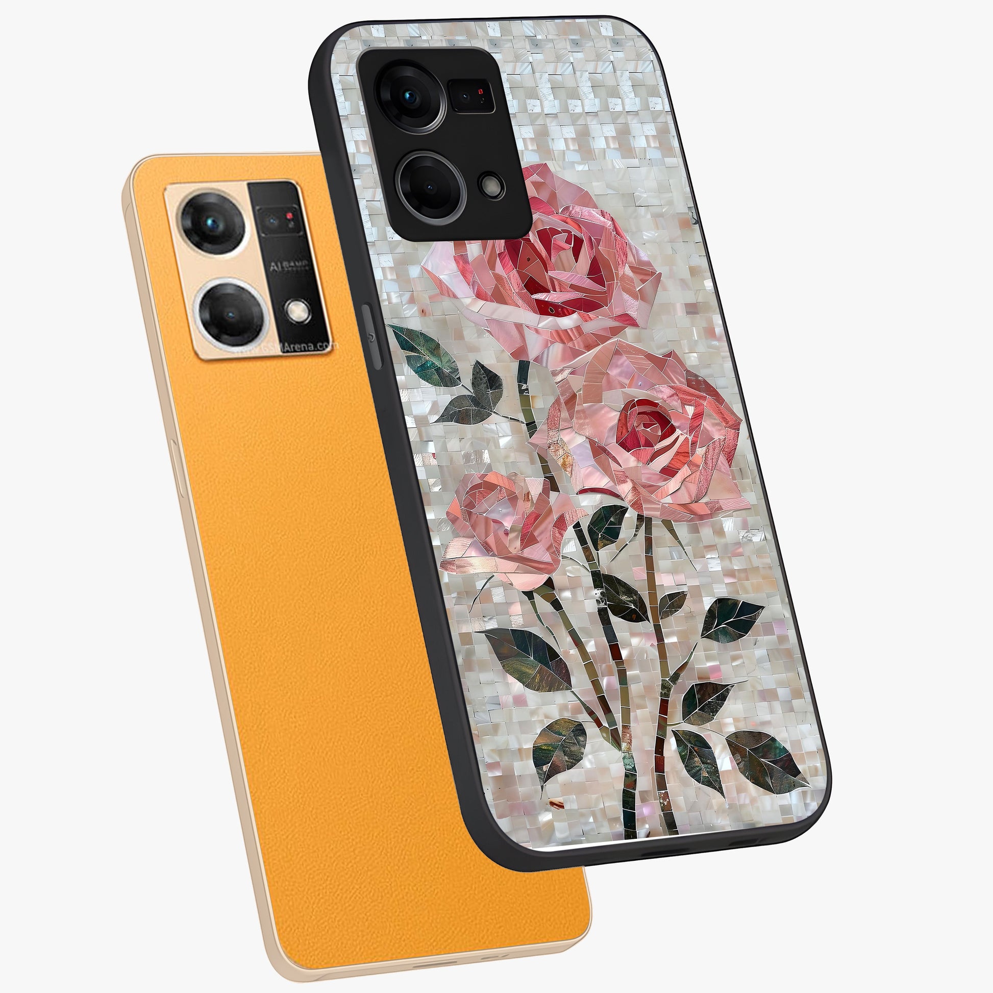 Blush Mosaic Bloom Glass Case displayed in angled mockup highlighting artistic mosaic flower pattern with aesthetic design.