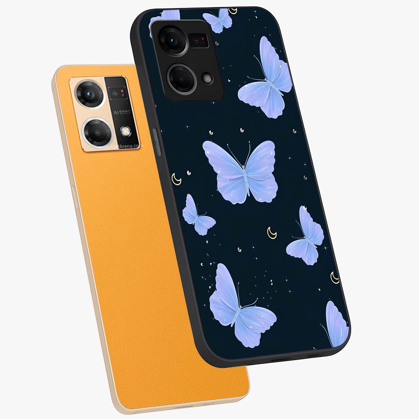 Butterfly With Stars Pattern Glass Case displayed in angled mockup highlighting dreamy butterfly and star design with aesthetic theme.