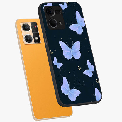 Butterfly With Stars Pattern Glass Case displayed in angled mockup highlighting dreamy butterfly and star design with aesthetic theme.
