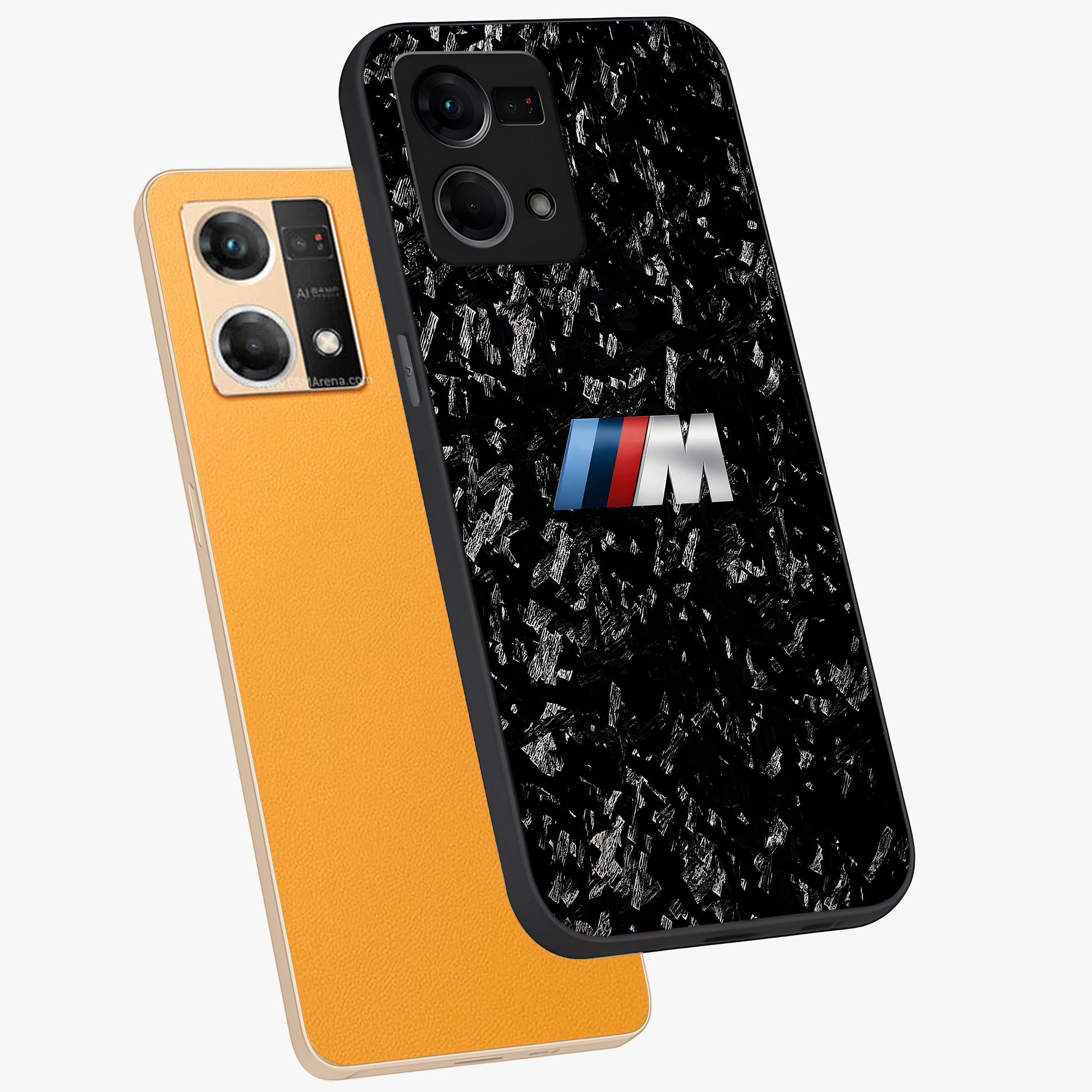 Carbon Speed Mark Glass Case displayed in angled mockup highlighting racing inspired carbon design and sleek aesthetic style.