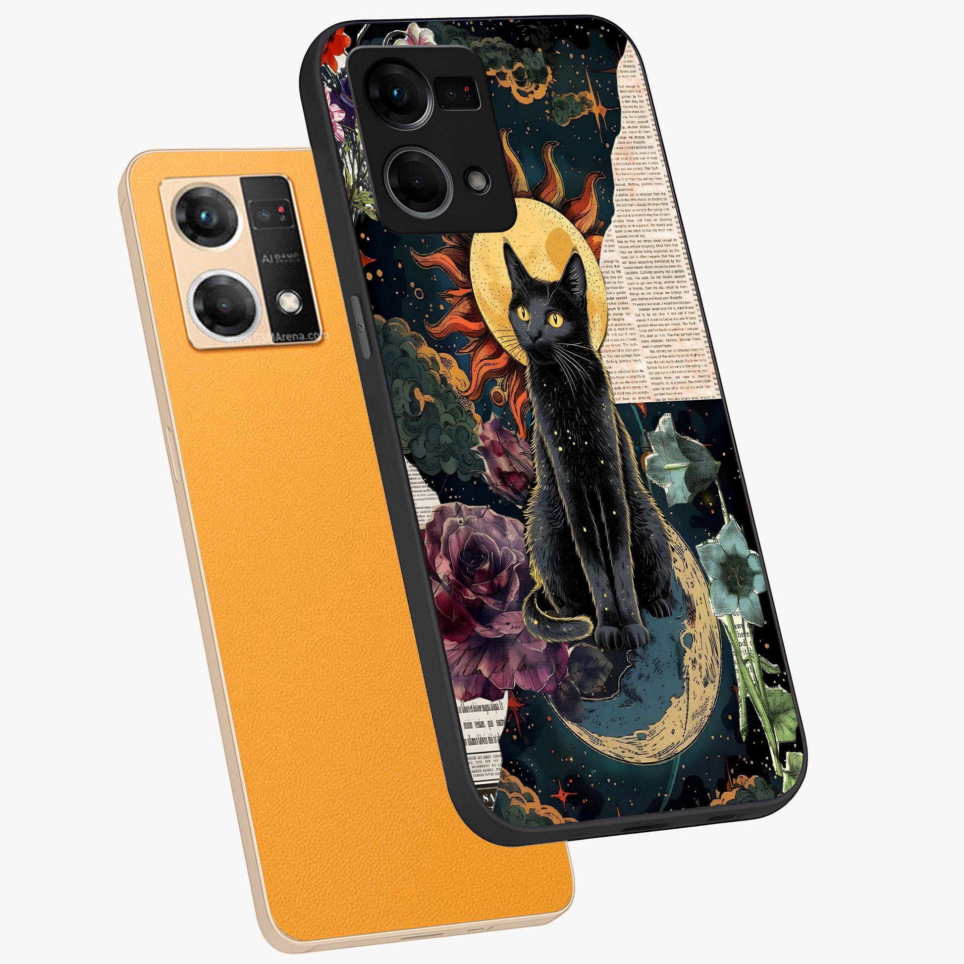 Celestial Black Cat Glass Case displayed in angled mockup highlighting cosmic black cat design with celestial aesthetic.