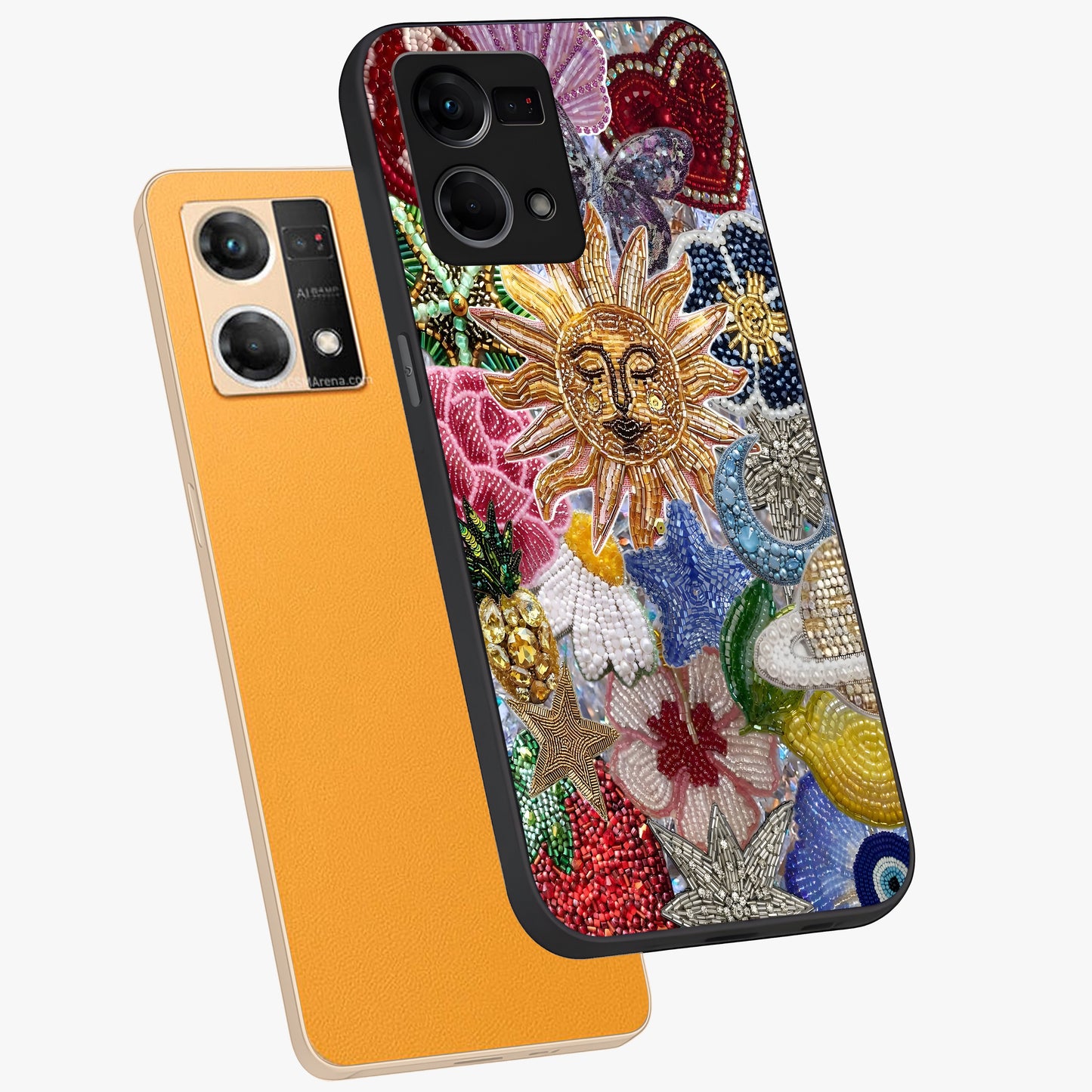 Celestial Floral and Playful Glass Case displayed in angled mockup highlighting playful floral design with dreamy celestial elements.