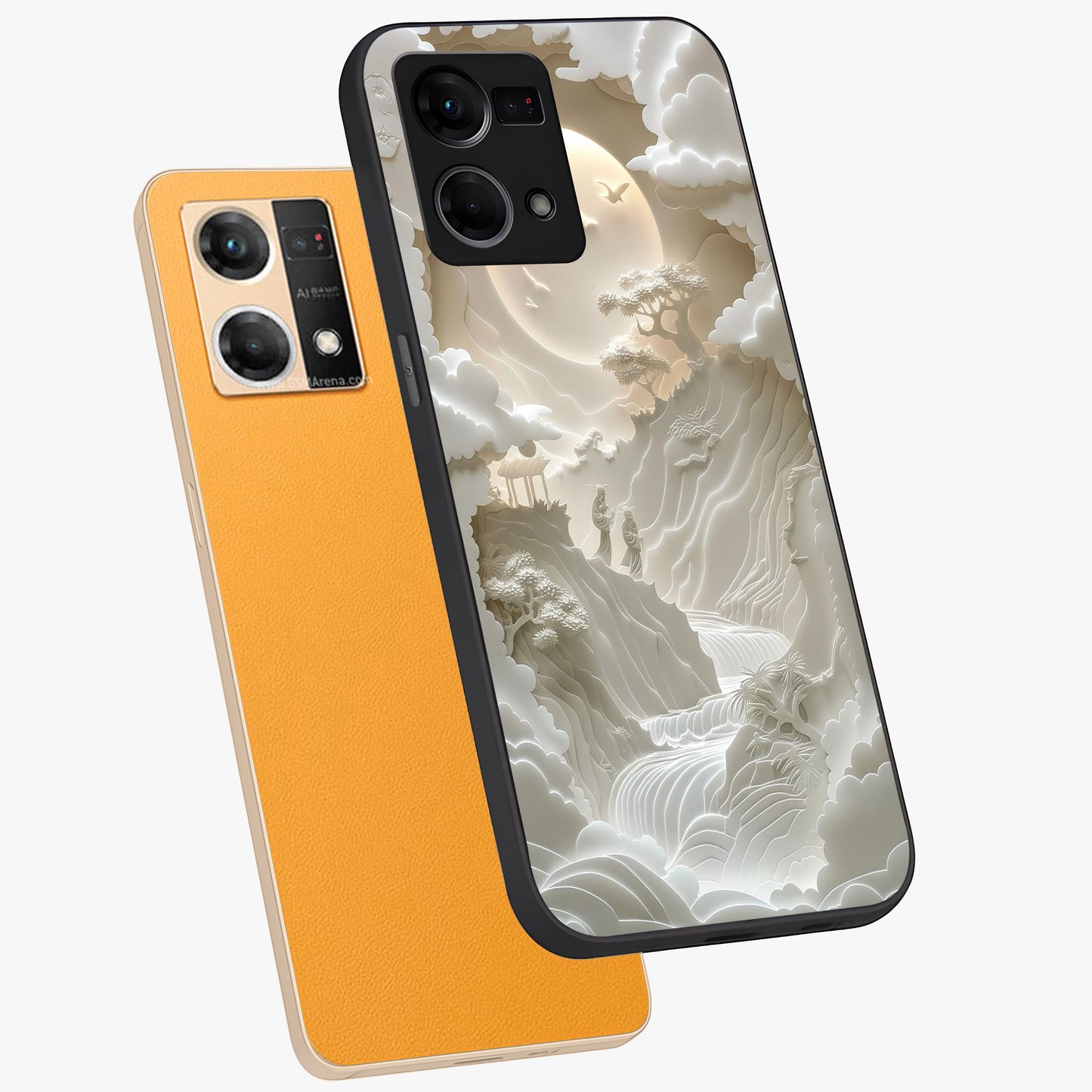 Celestial Origami Glass Case displayed in angled mockup highlighting geometric origami design with cosmic aesthetic theme.