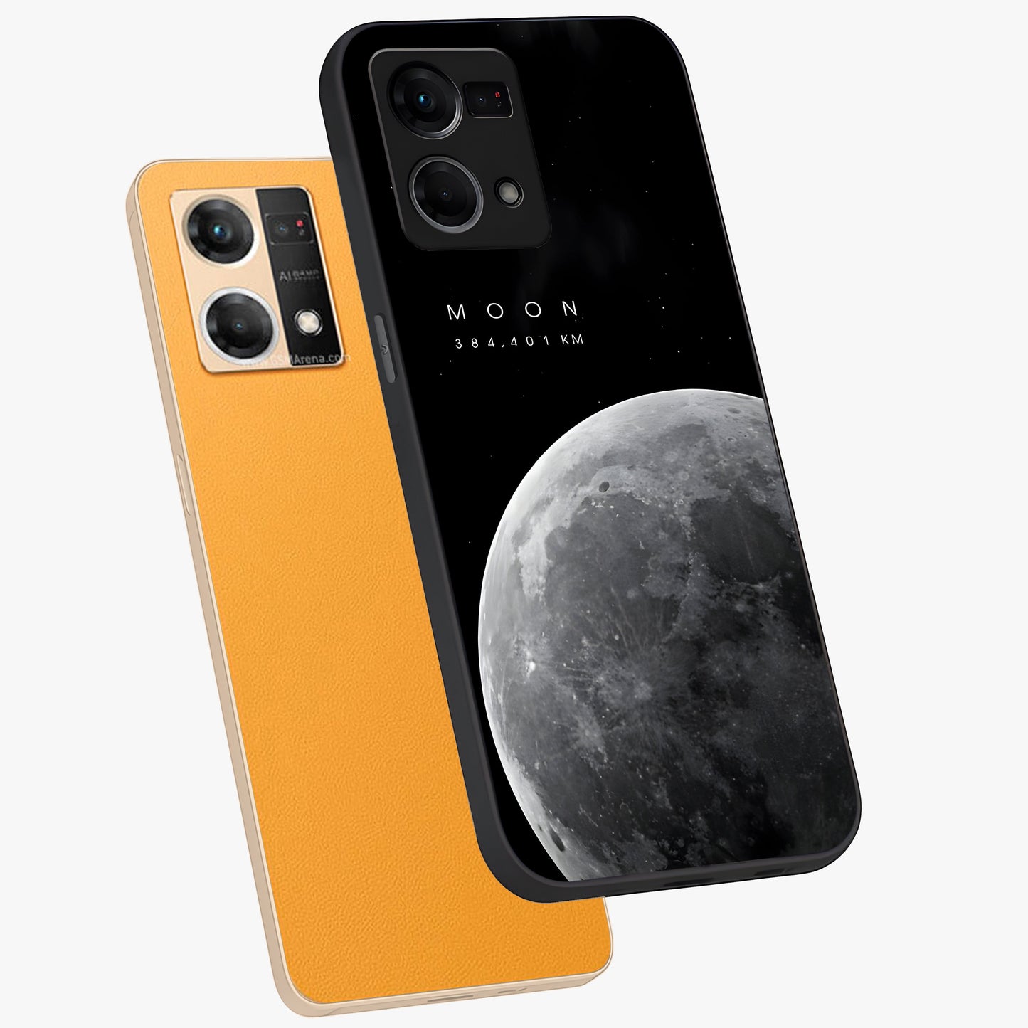 Cosmic Moon Glow Glass Case displayed in angled mockup highlighting celestial moon design with cosmic aesthetic theme.