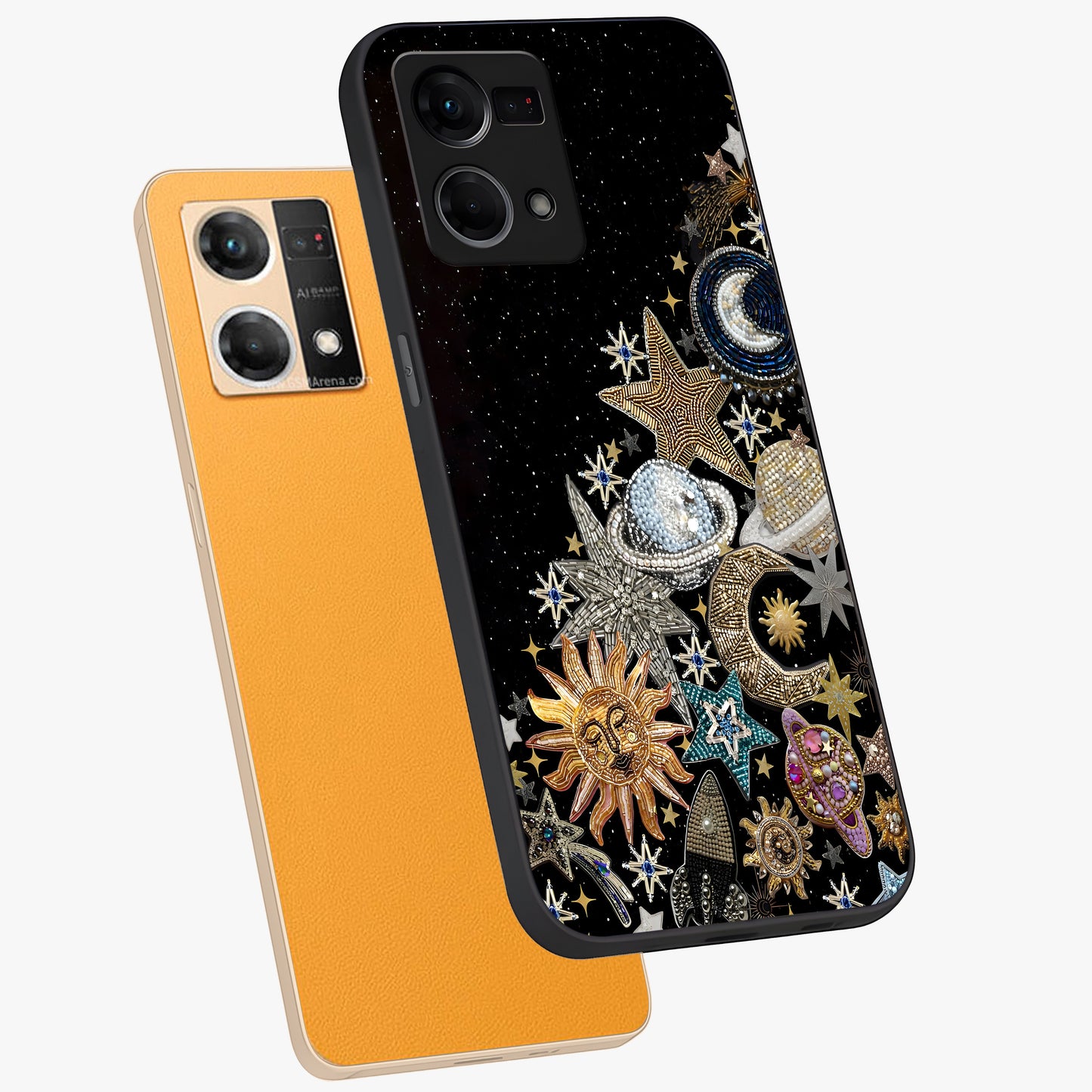 Cosmic Sparkle Dreams Glass Case displayed in angled mockup highlighting dreamy star sparkle design with celestial aesthetic.