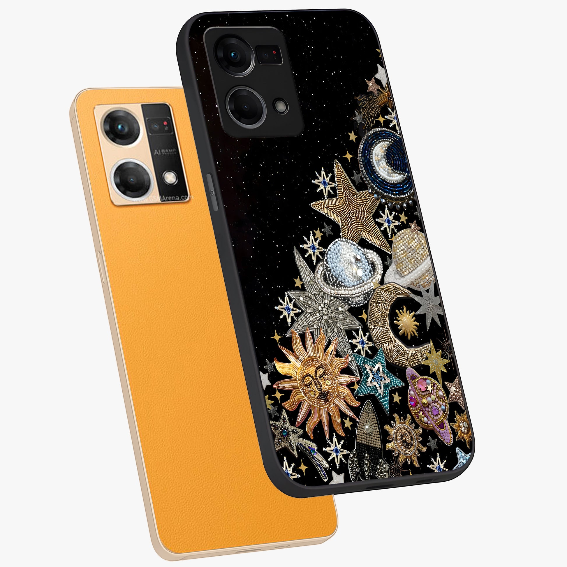 Cosmic Sparkle Dreams Glass Case displayed in angled mockup highlighting dreamy star sparkle design with celestial aesthetic.