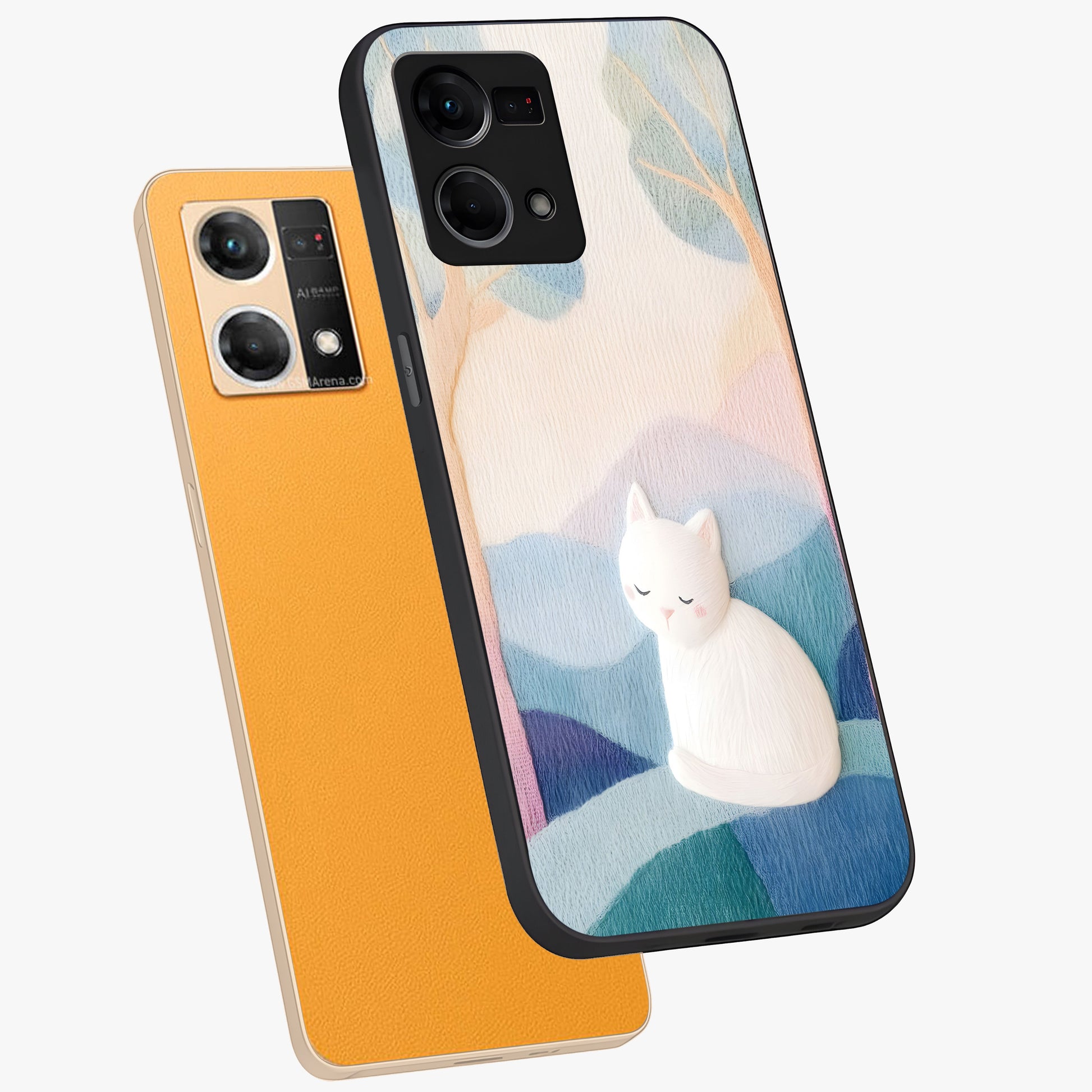 Cotton Dream Cat Glass Case displayed in angled mockup highlighting cute feline illustration with pastel aesthetic style.
