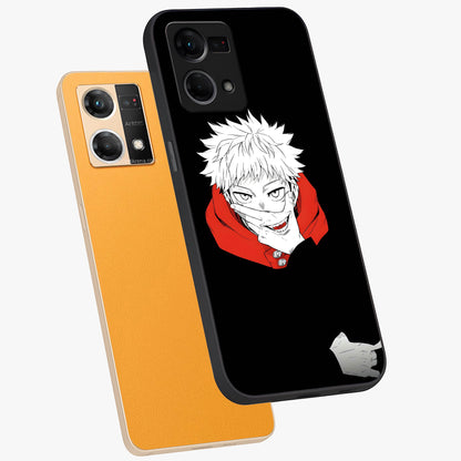 Crimson Chaos Smile Glass Case displayed in angled mockup highlighting edgy crimson smile design with graphic aesthetic.