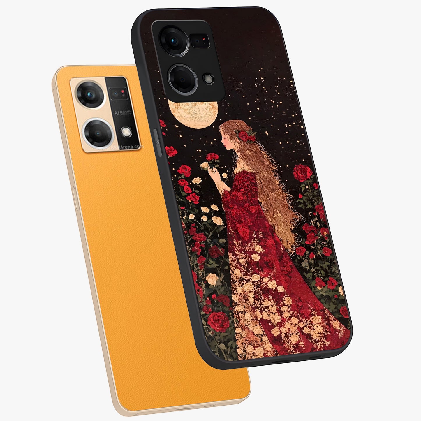 Crimson Dreams Glass Case displayed in angled mockup highlighting soft crimson aesthetic design with artistic theme.