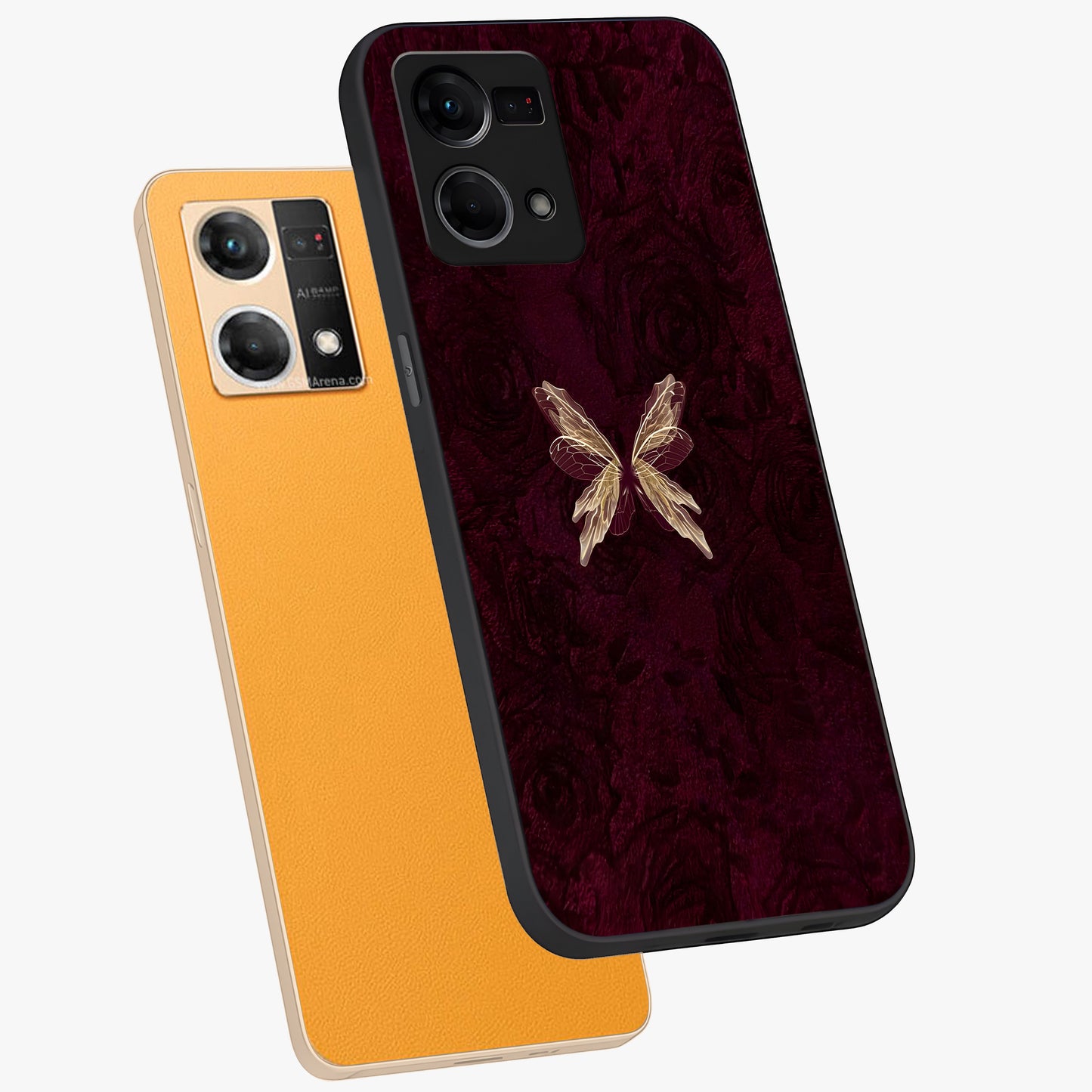 Crimson Fade Butterfly Glass Case displayed in angled mockup highlighting elegant butterfly design with crimson gradient aesthetic.
