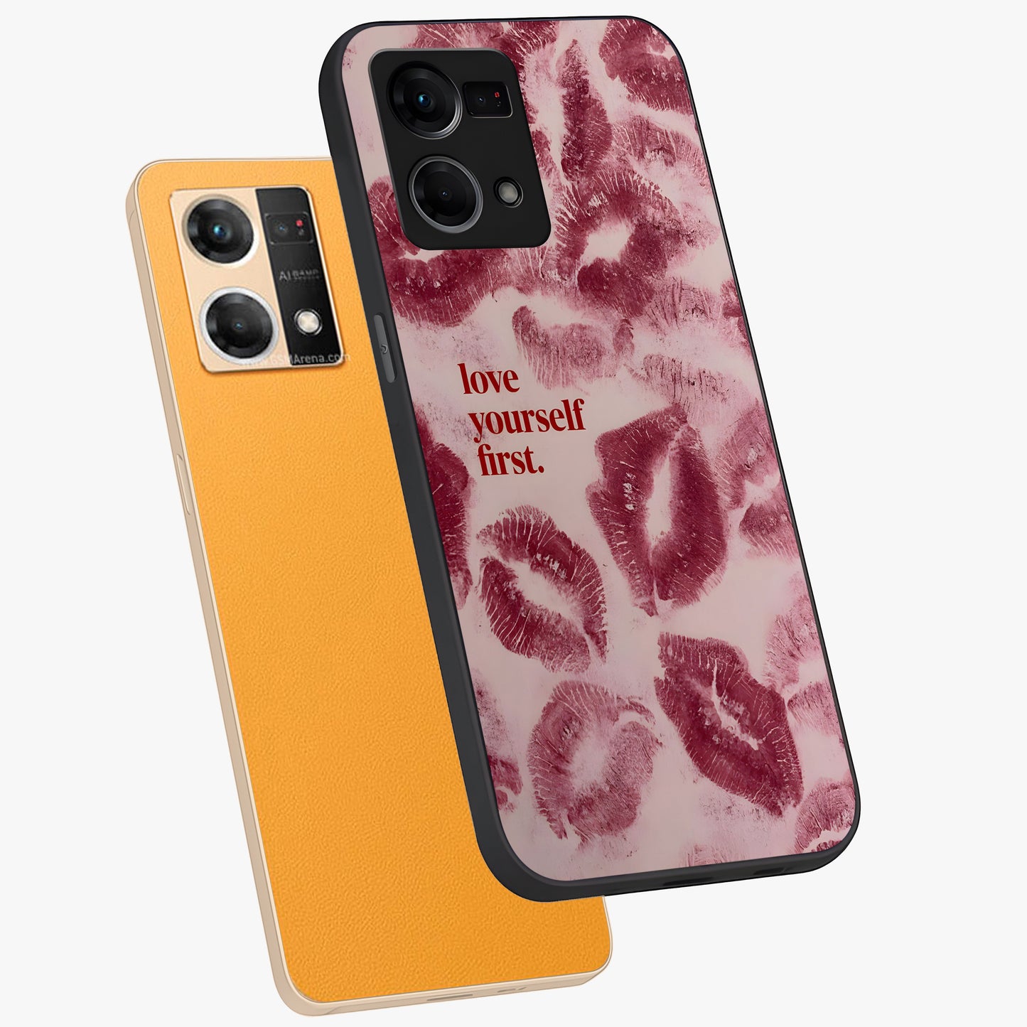 Crimson Kiss Love Glass Case displayed in angled mockup highlighting bold love inspired design with modern aesthetic style.