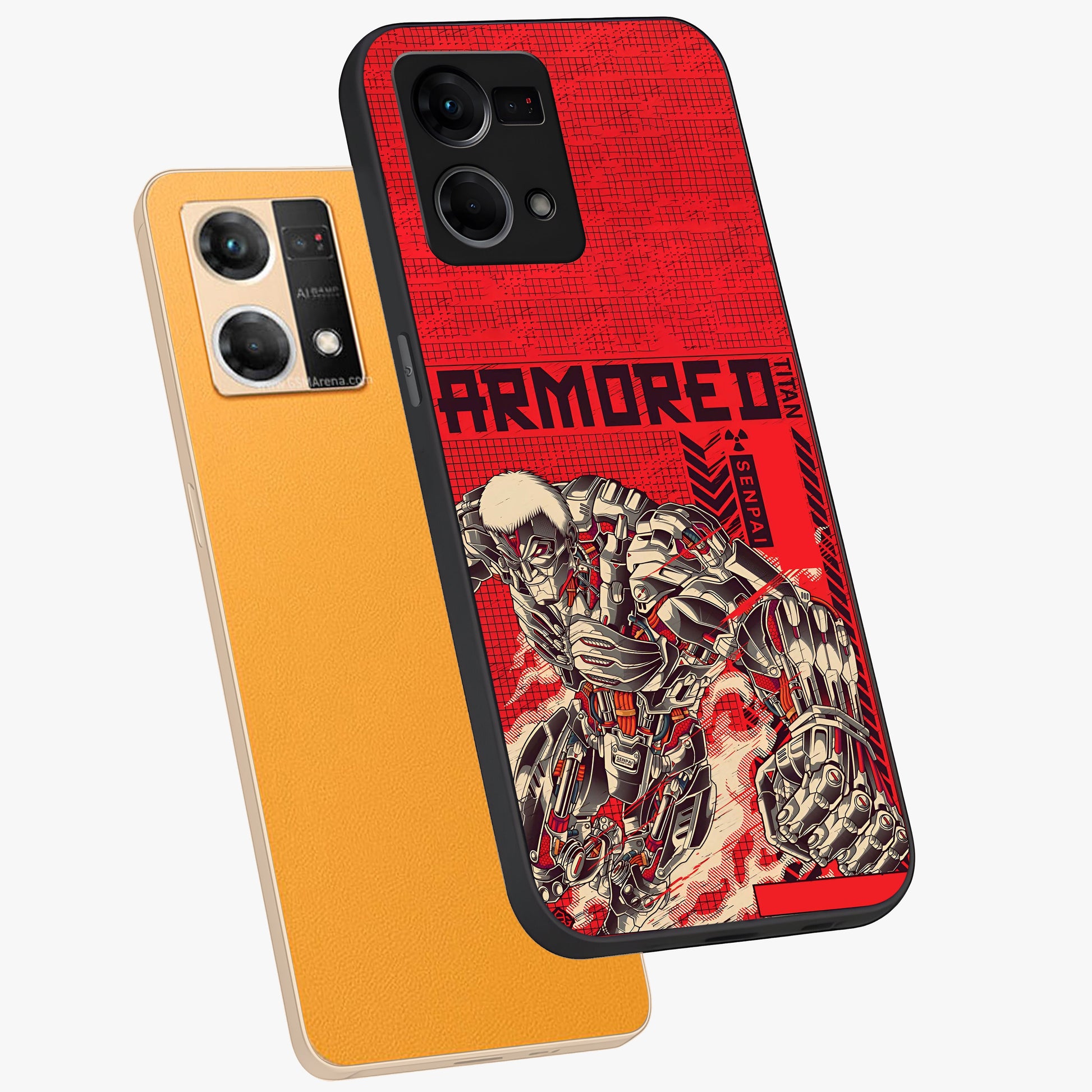 Crimson Mecha Titan Glass Case displayed in angled mockup highlighting futuristic mech illustration with bold crimson aesthetic.