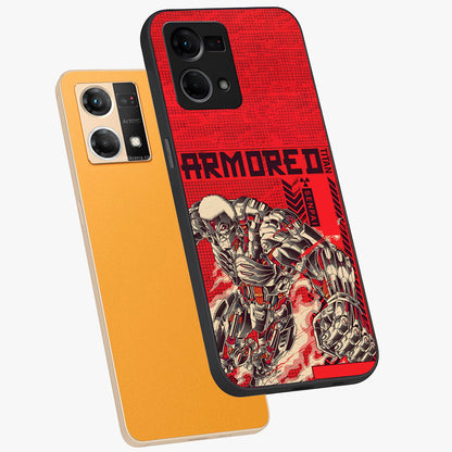 Crimson Mecha Titan Glass Case displayed in angled mockup highlighting futuristic mech illustration with bold crimson aesthetic.